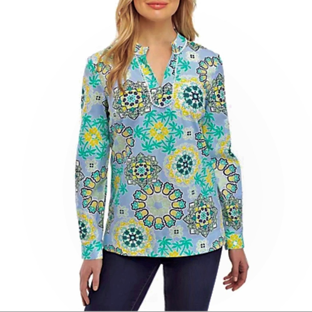 Crown & Ivy Long Sleeve Top Embroidered Print Kurta Shirt Periwinkle Size Small